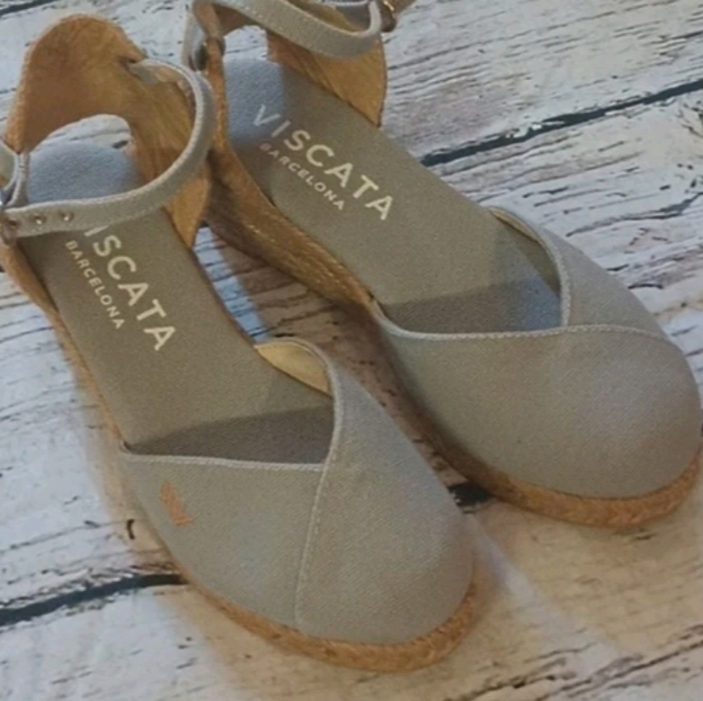 VISCATA Espadrilles Canet Linen Canvas Low Wedge Sandals olive green.